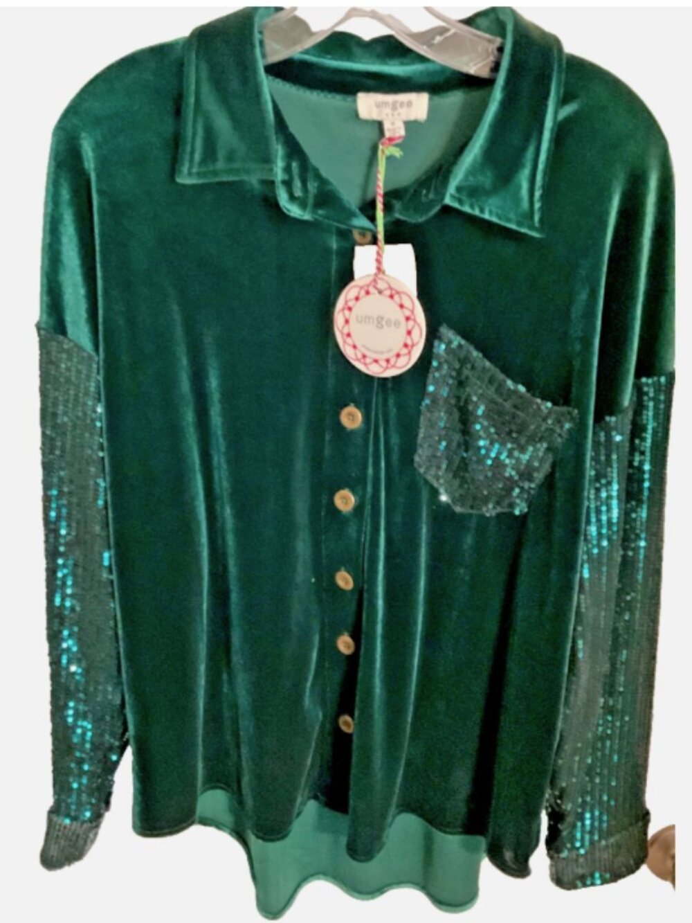 NWT Umgee Velvet Sequin Button Down Shirt Green Long Sleeve Top Oversized Medium